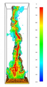 Figure 2. Flame Front And Temperature Profile Along The Center Line During Polyol Burn.