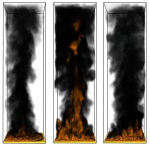 Figure 5. Smoke Development With Open Boundary Conditions i.e. Smoke Does Not Accumulate In The (Ventilated) Control Volume For Time Indices 150 sec, 220 sec, and 300 sec.